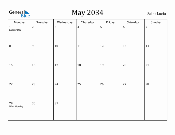 May 2034 Calendar Saint Lucia