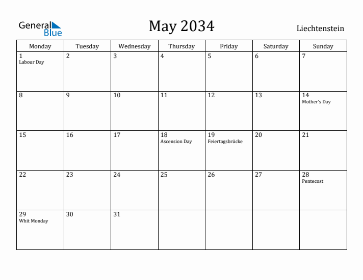 May 2034 Calendar Liechtenstein
