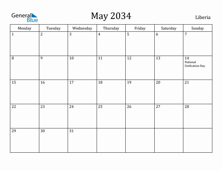 May 2034 Calendar Liberia