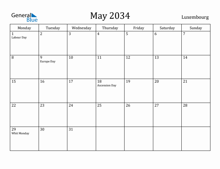 May 2034 Calendar Luxembourg