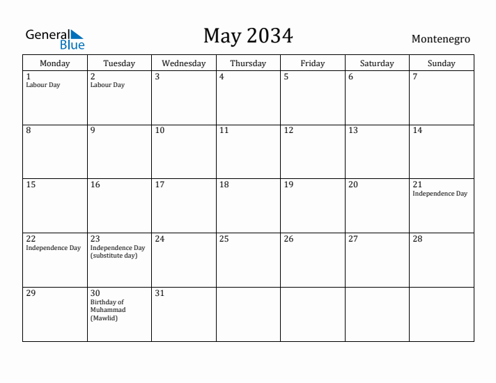 May 2034 Calendar Montenegro