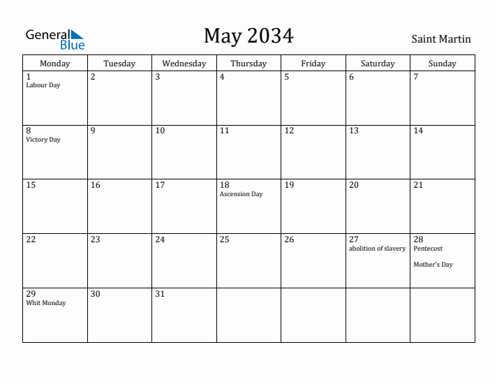 May 2034 Calendar Saint Martin
