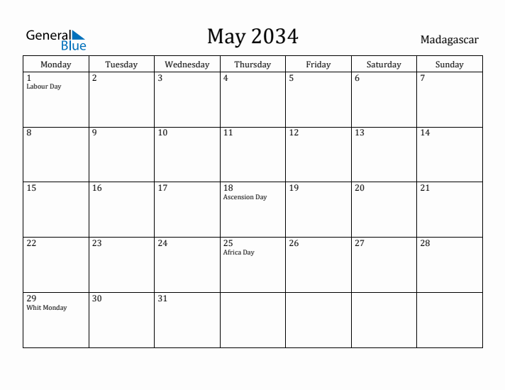 May 2034 Calendar Madagascar