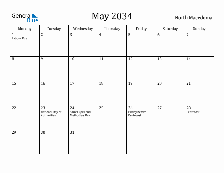 May 2034 Calendar North Macedonia