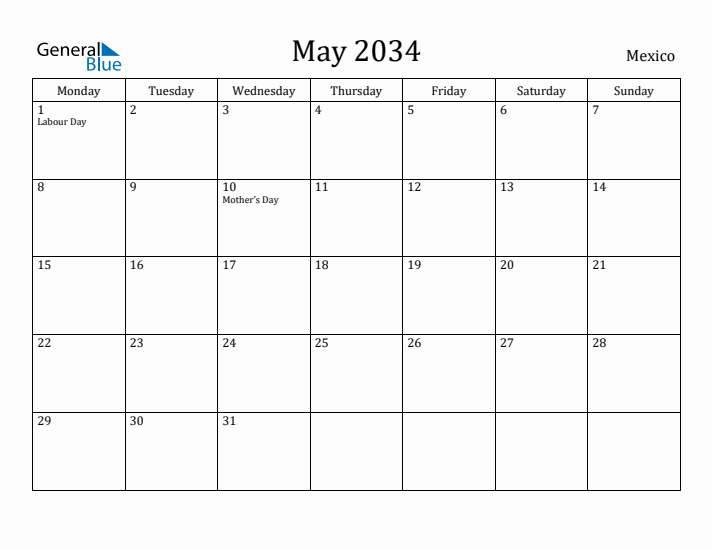 May 2034 Calendar Mexico