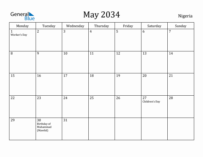 May 2034 Calendar Nigeria