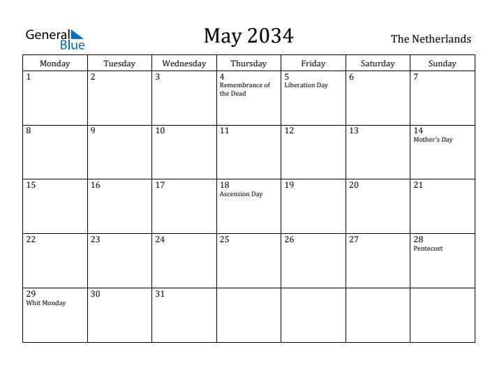 May 2034 Calendar The Netherlands