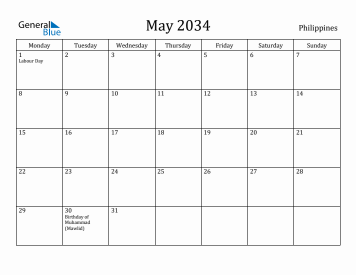 May 2034 Calendar Philippines