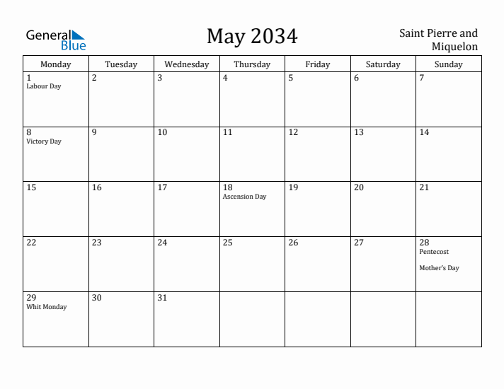 May 2034 Calendar Saint Pierre and Miquelon