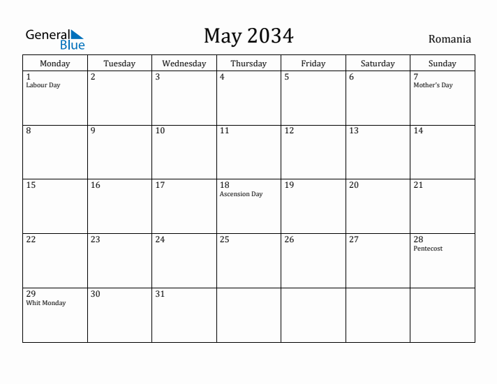 May 2034 Calendar Romania