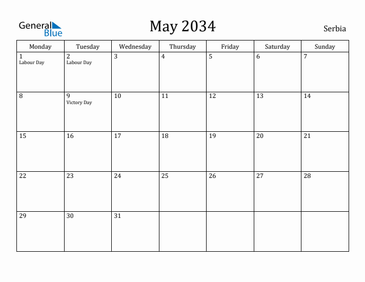 May 2034 Calendar Serbia