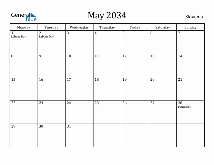 May 2034 Calendar Slovenia