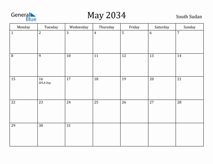 May 2034 Calendar South Sudan