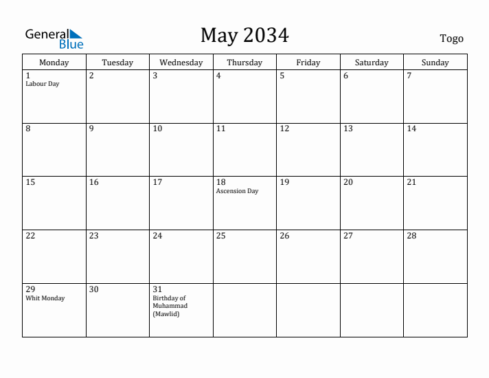 May 2034 Calendar Togo