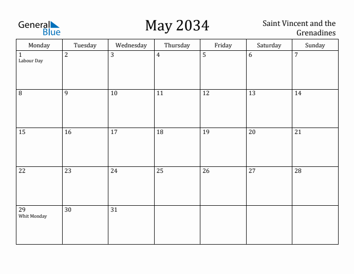 May 2034 Calendar Saint Vincent and the Grenadines