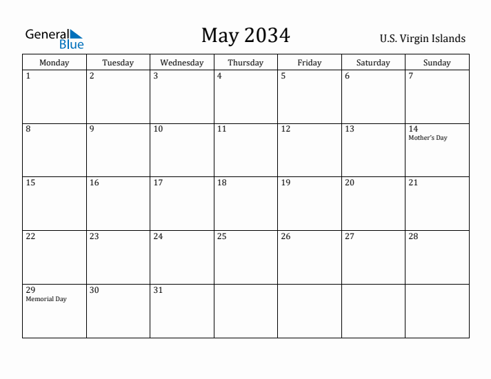 May 2034 Calendar U.S. Virgin Islands