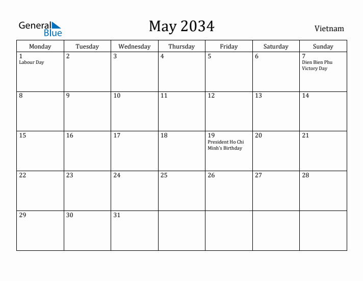 May 2034 Calendar Vietnam