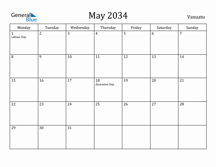 May 2034 Calendar Vanuatu