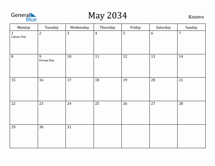 May 2034 Calendar Kosovo