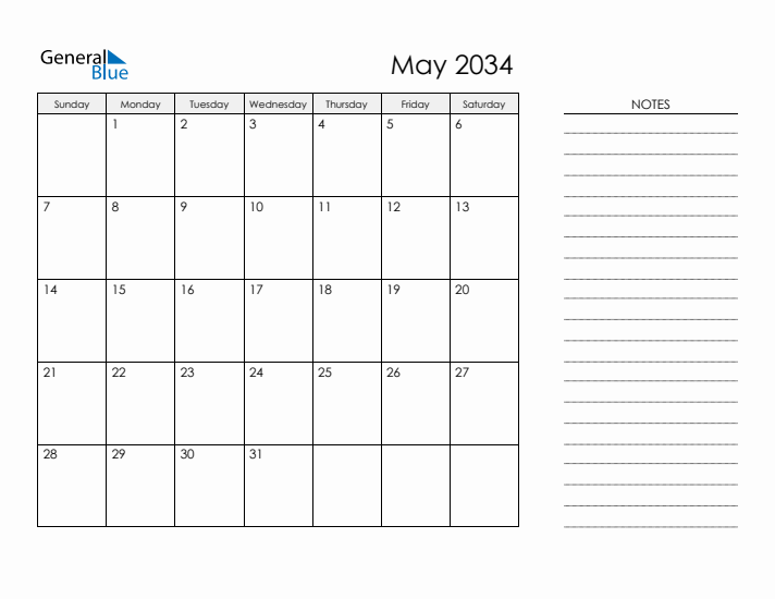 Printable Monthly Calendar with Notes - May 2034