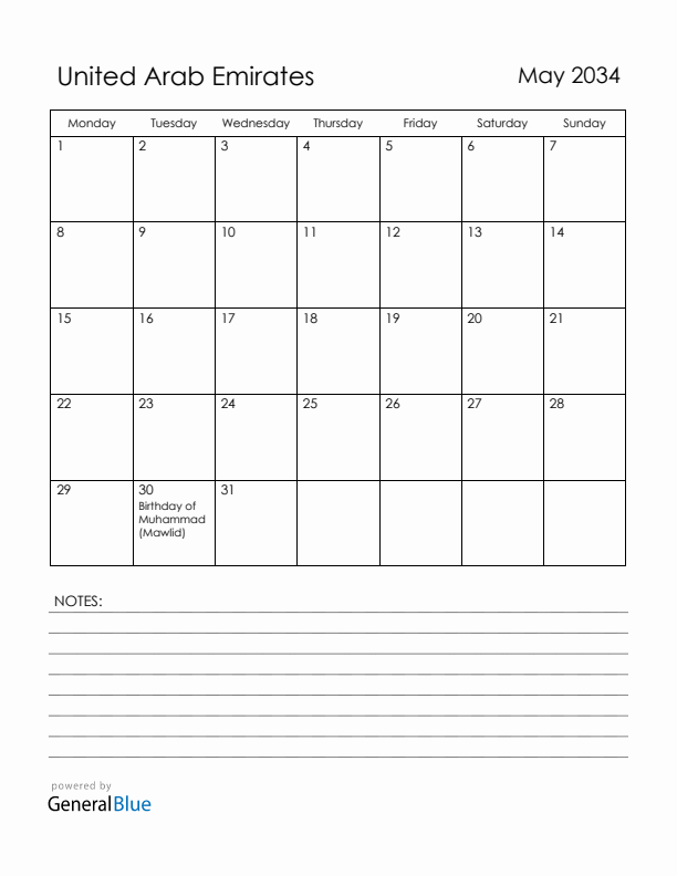 May 2034 United Arab Emirates Calendar with Holidays (Monday Start)