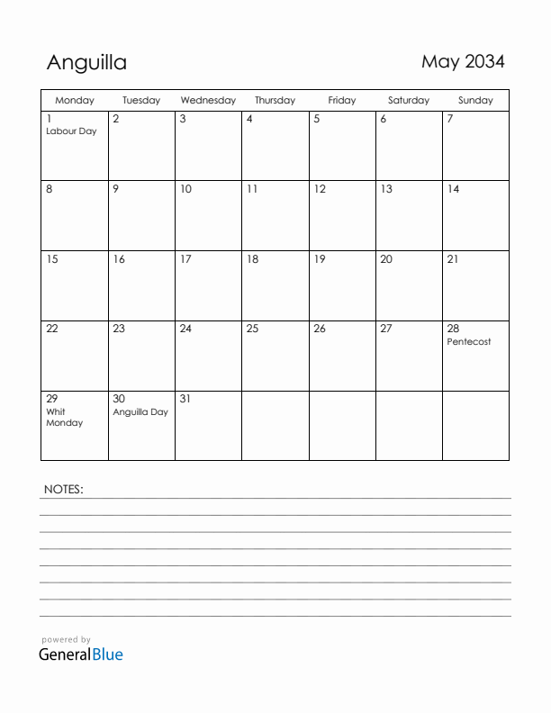 May 2034 Anguilla Calendar with Holidays (Monday Start)