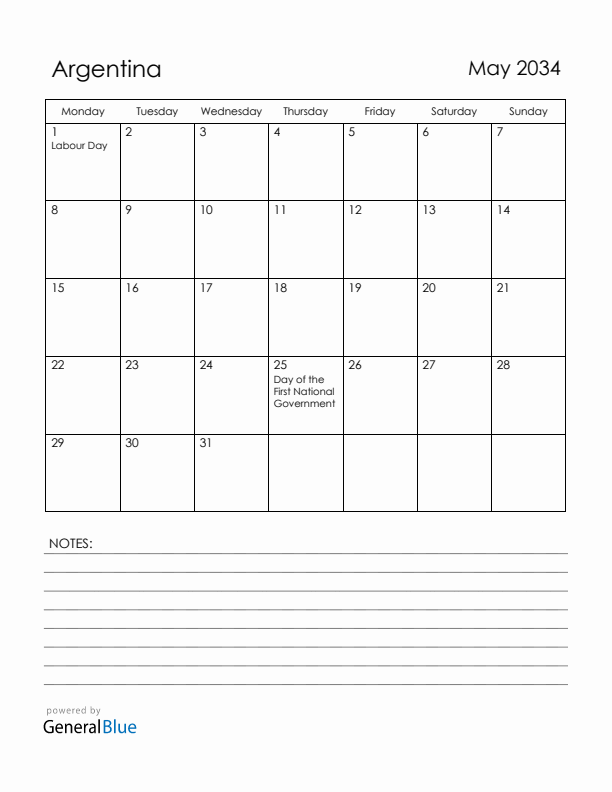 May 2034 Argentina Calendar with Holidays (Monday Start)