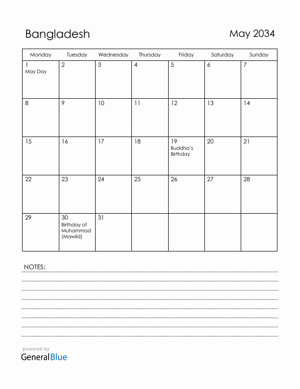 May 2034 Bangladesh Calendar with Holidays (Monday Start)