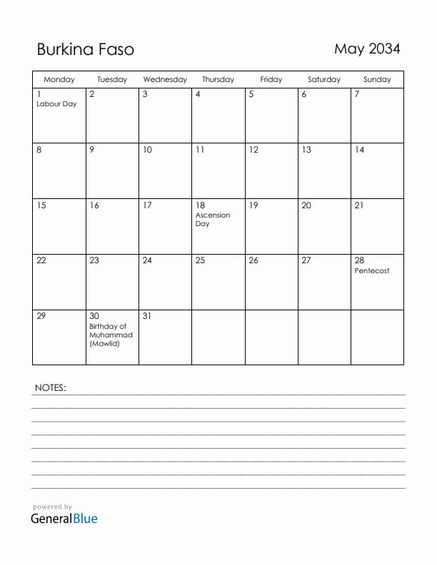 May 2034 Burkina Faso Calendar with Holidays (Monday Start)