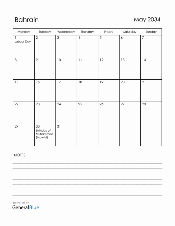 May 2034 Bahrain Calendar with Holidays (Monday Start)