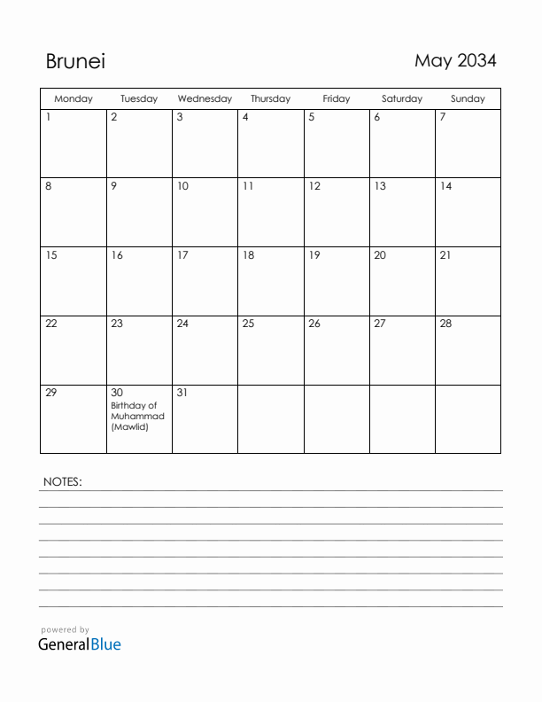 May 2034 Brunei Calendar with Holidays (Monday Start)