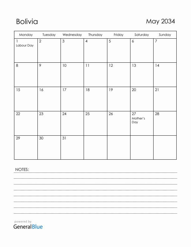 May 2034 Bolivia Calendar with Holidays (Monday Start)