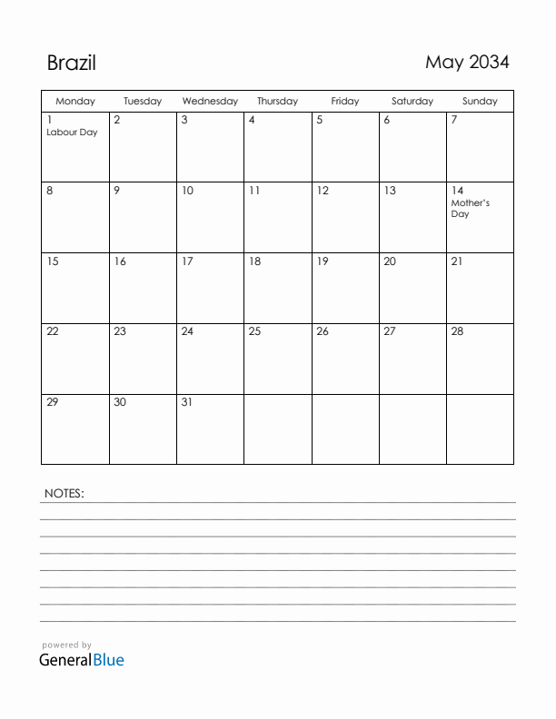 May 2034 Brazil Calendar with Holidays (Monday Start)