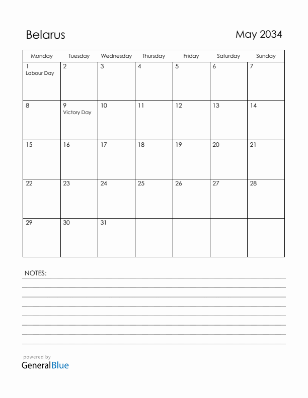 May 2034 Belarus Calendar with Holidays (Monday Start)