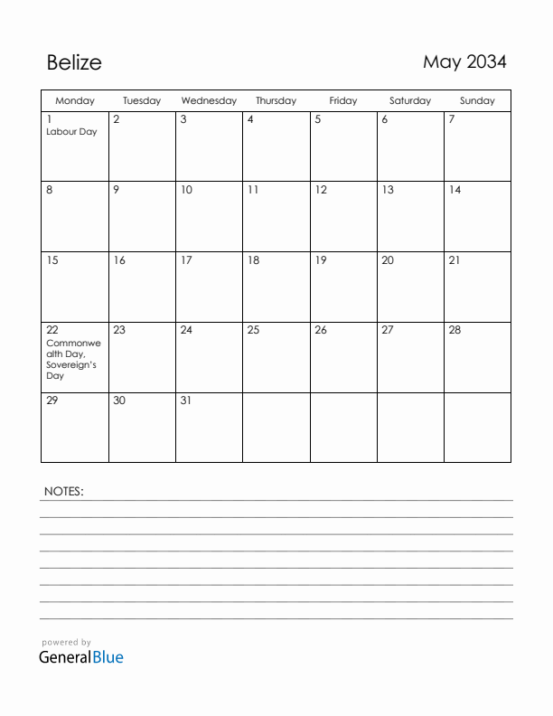 May 2034 Belize Calendar with Holidays (Monday Start)