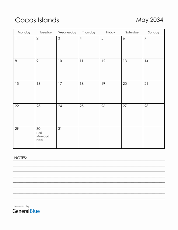 May 2034 Cocos Islands Calendar with Holidays (Monday Start)