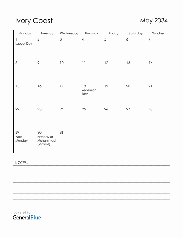 May 2034 Ivory Coast Calendar with Holidays (Monday Start)