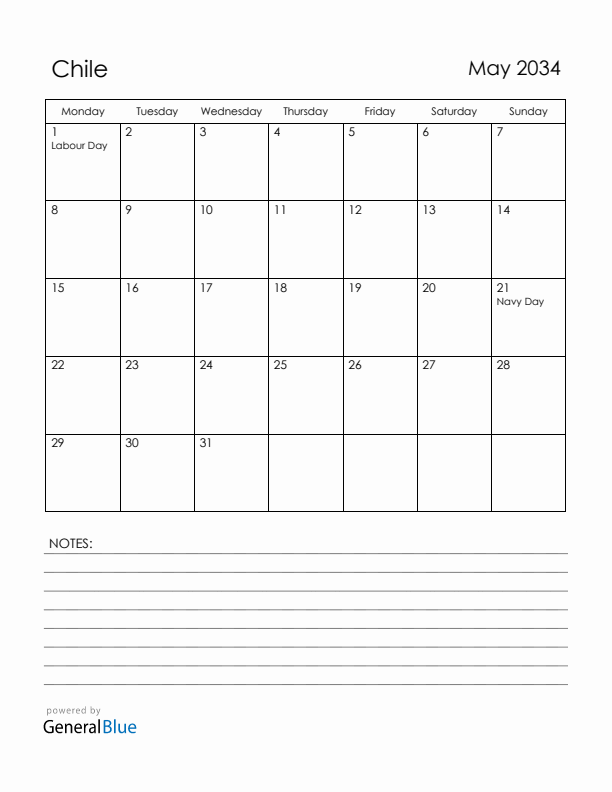 May 2034 Chile Calendar with Holidays (Monday Start)