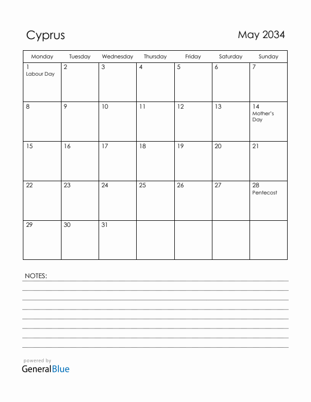 May 2034 Cyprus Calendar with Holidays (Monday Start)