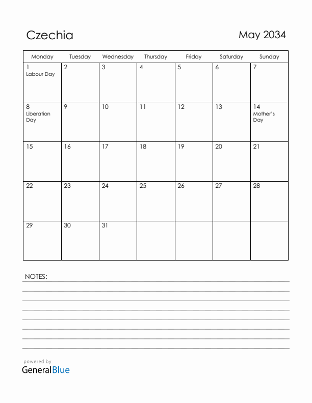 May 2034 Czechia Calendar with Holidays (Monday Start)