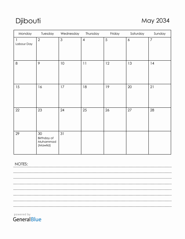 May 2034 Djibouti Calendar with Holidays (Monday Start)