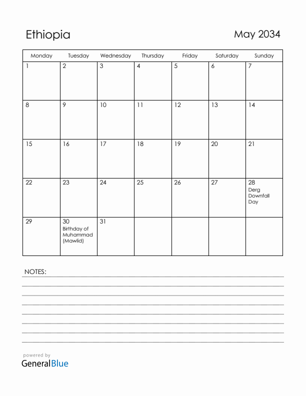May 2034 Ethiopia Calendar with Holidays (Monday Start)