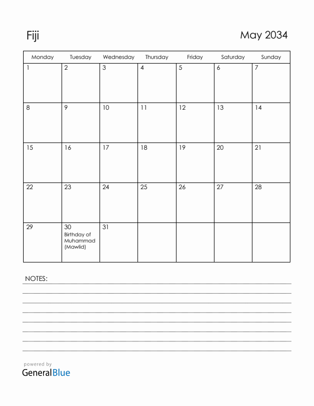 May 2034 Fiji Calendar with Holidays (Monday Start)