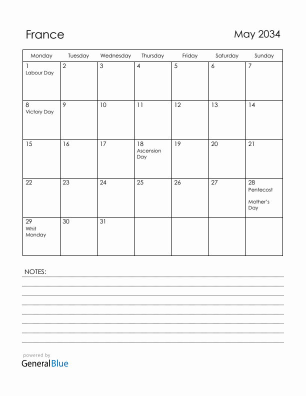 May 2034 France Calendar with Holidays (Monday Start)