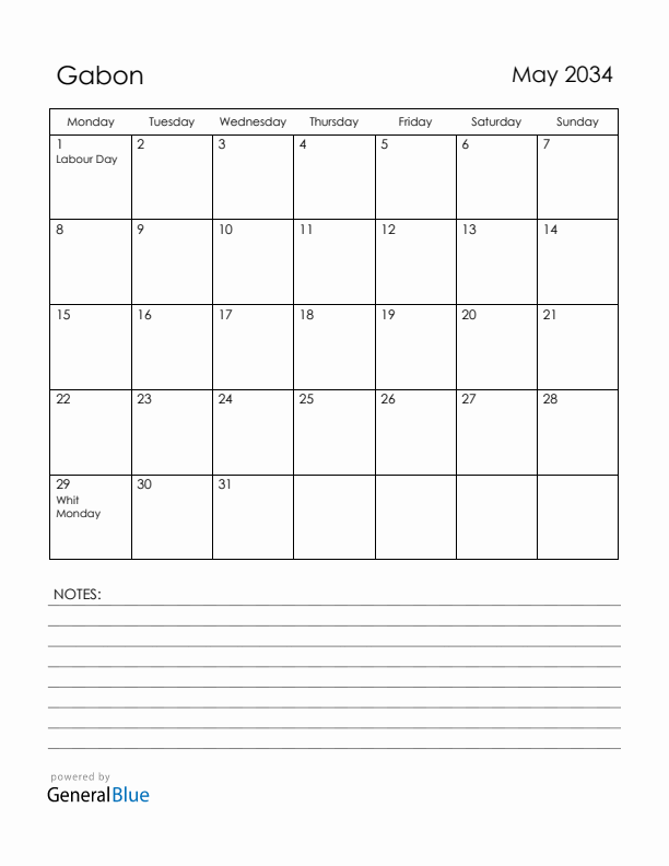 May 2034 Gabon Calendar with Holidays (Monday Start)