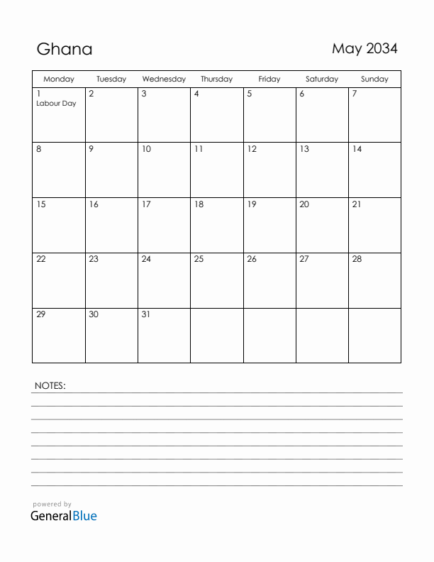 May 2034 Ghana Calendar with Holidays (Monday Start)