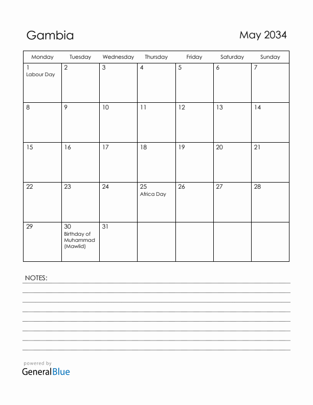 May 2034 Gambia Calendar with Holidays (Monday Start)