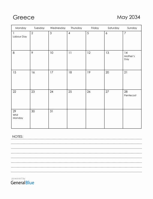 May 2034 Greece Calendar with Holidays (Monday Start)