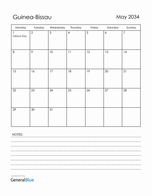 May 2034 Guinea-Bissau Calendar with Holidays (Monday Start)