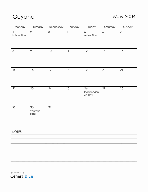 May 2034 Guyana Calendar with Holidays (Monday Start)